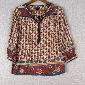 Lucky Brand Shirt Women X-Small Cream Red Floral Tassels Tie Peasant Bohemian